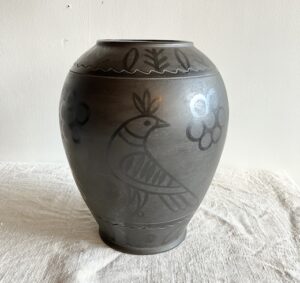 ヴィンテージ陶器、ルーマニア陶器、黒陶、花器、フォークアート