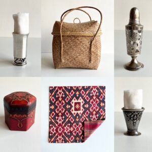 茶道具、茶籠、茶箱、見立て、菓子入れ、振り出し、茶巾筒、帛紗、インド絣