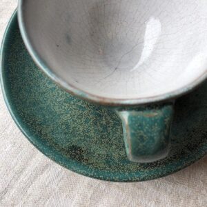 民芸陶器、カップ＆ソーサー、緑釉、コーヒー碗皿、蛇の目、貫入、民芸