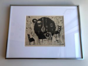 細田政義、銅版画、テーブルシリーズ、1965年、額装、モダンインテリ