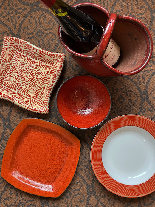 ヴィンテージ食器、朱赤、陶器、赤釉