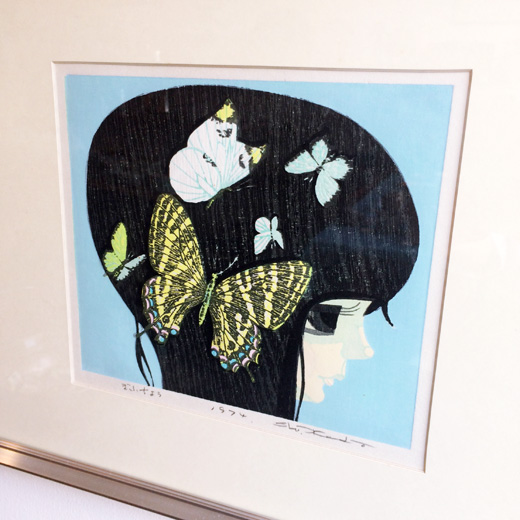 池田修三、木版画、1974年、ぎふちょう、少女横顔、蝶